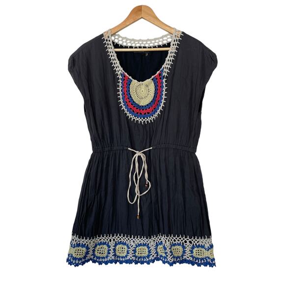 Theme Crochet Tunic Mini Dress Navy Blue Cap Sleeves Size Large - Picture 1 of 11